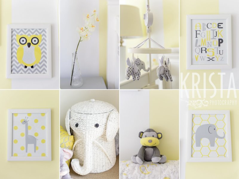 elephant monkey giraffe owl decorations in yellow white gray nursery lifestyle family portrait session