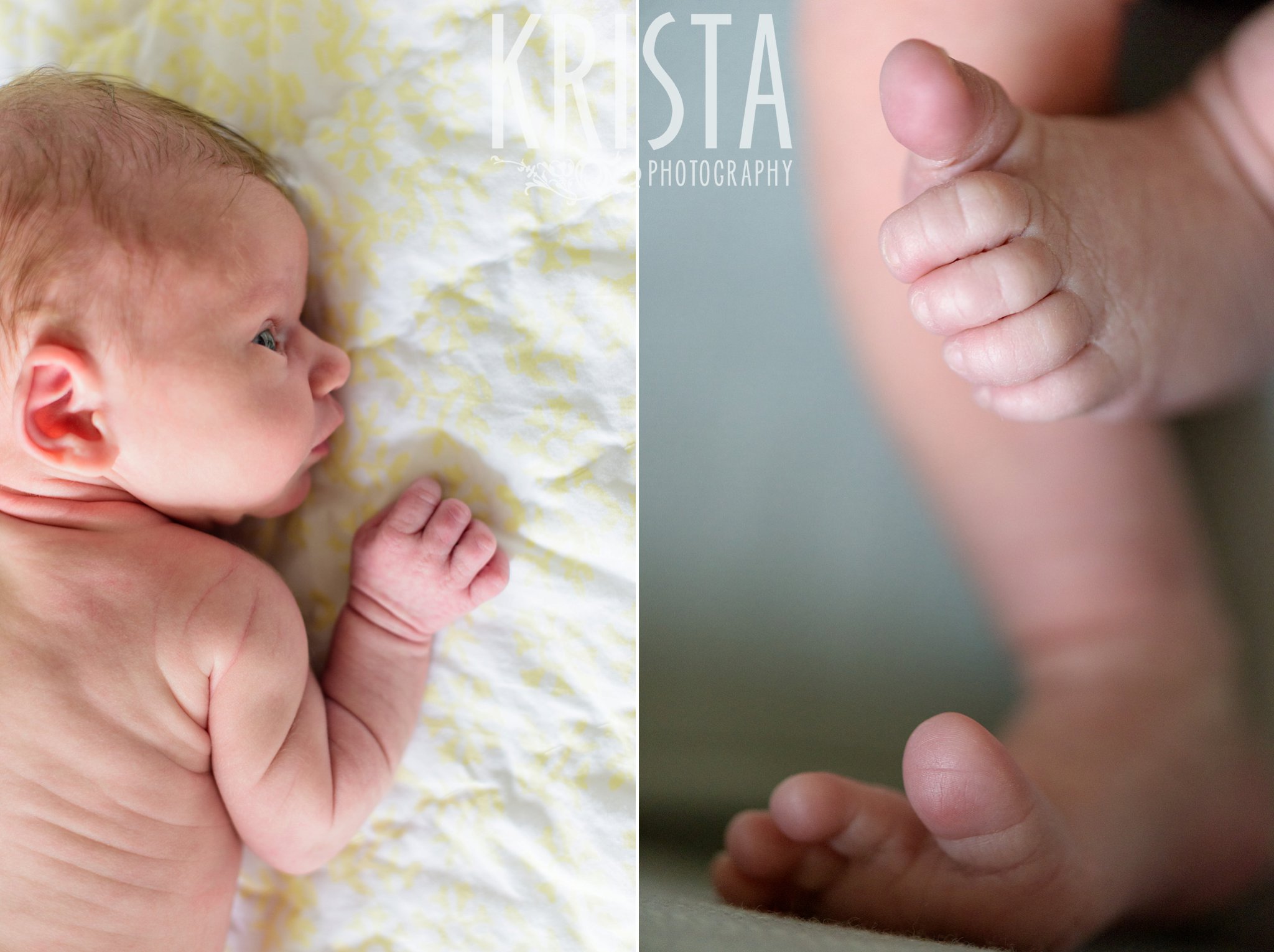 naked newborn baby girl profile and adorable little toes in yellow white and gray nursery