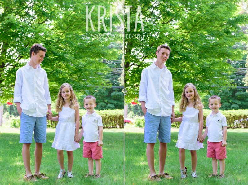 two brothers and a sister standing among green trees holding hands during spring time in New England mini portrait sessions