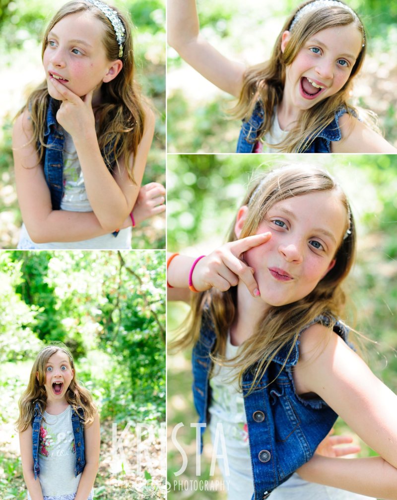 many expressions of young girl among green trees during springtime mini portrait session in New England
