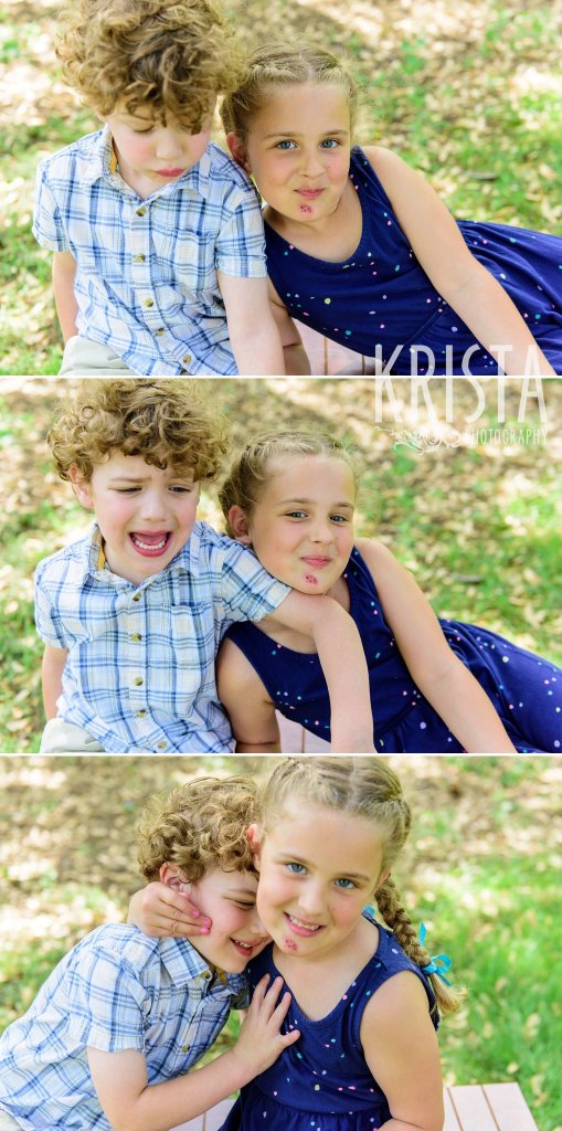 brother and sister trying to vie for space on wooden bench during springtime mini portrait sessions in New England