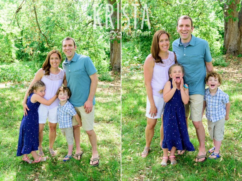 family of four standing together under green trees during springtime mini portrait sessions in New England