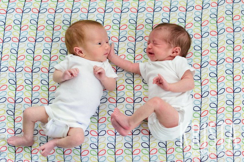 boy girl newborn baby twins on blanket at home