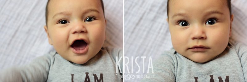 adorable six month old baby boy making faces during lifestyle portrait session at home