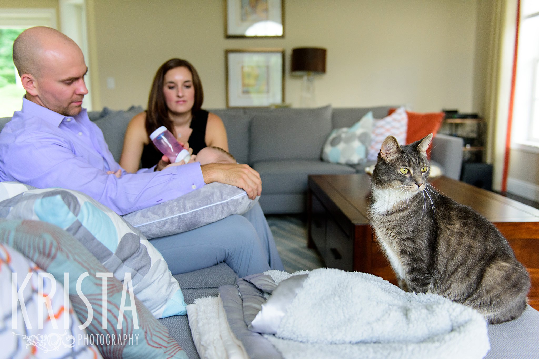 father feeding three month old baby girl a bottle next to mother on couch with family cat seated on ottoman during lifestyle portrait session at family's home