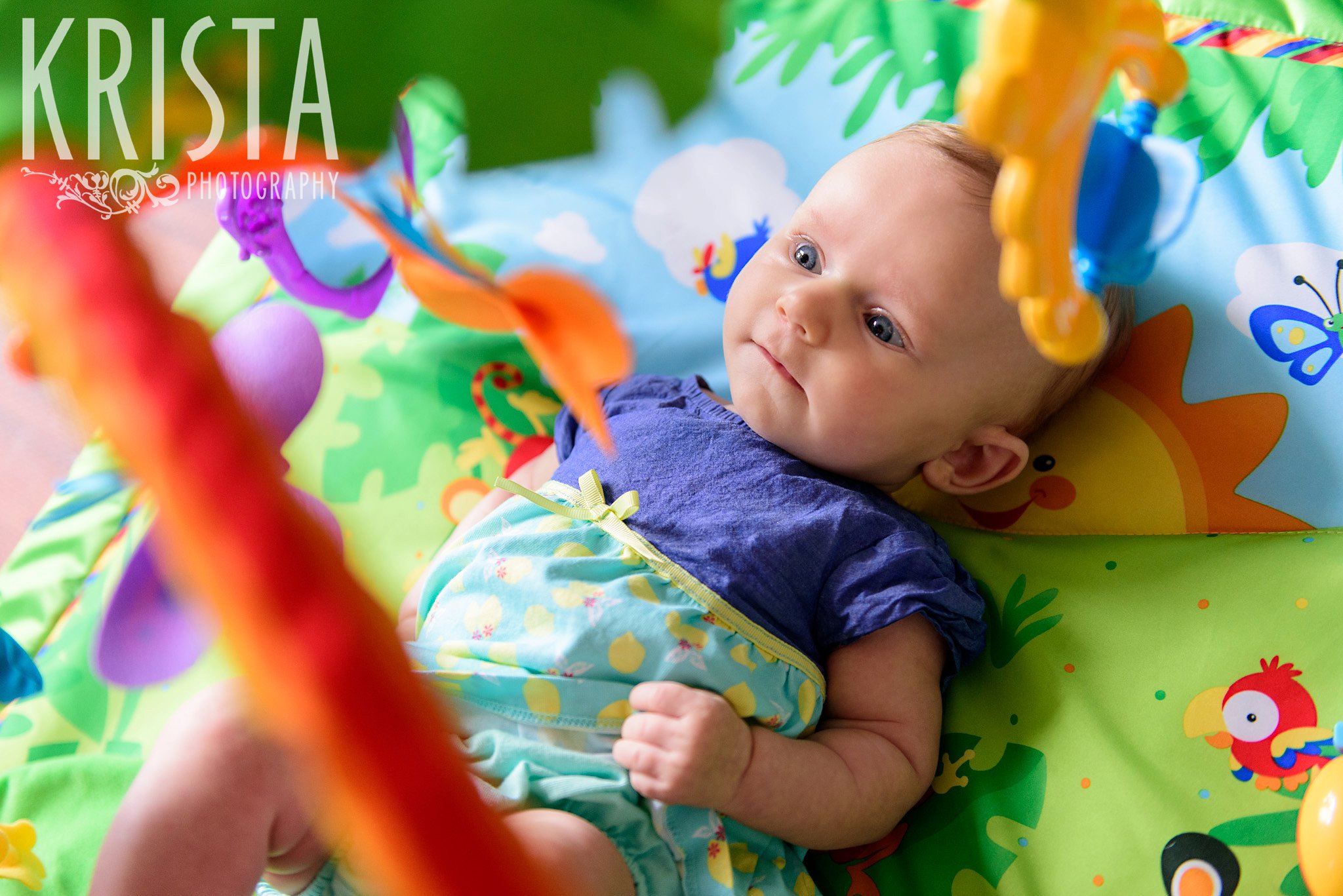 three month old baby girl laying on back under play set staring a toys during lifestyle portrait session at home