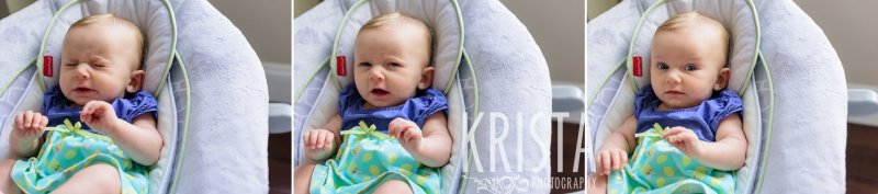 three month old baby girl in bouncy chair sneezing during lifestyle portrait session at home