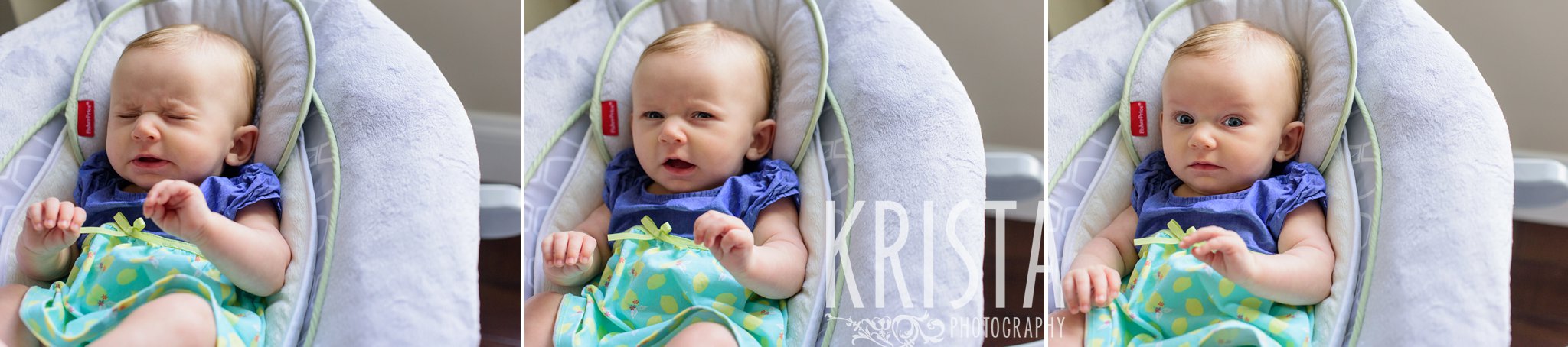 three month old baby girl in bouncy chair "talking" to her toys during lifestyle portrait session at home