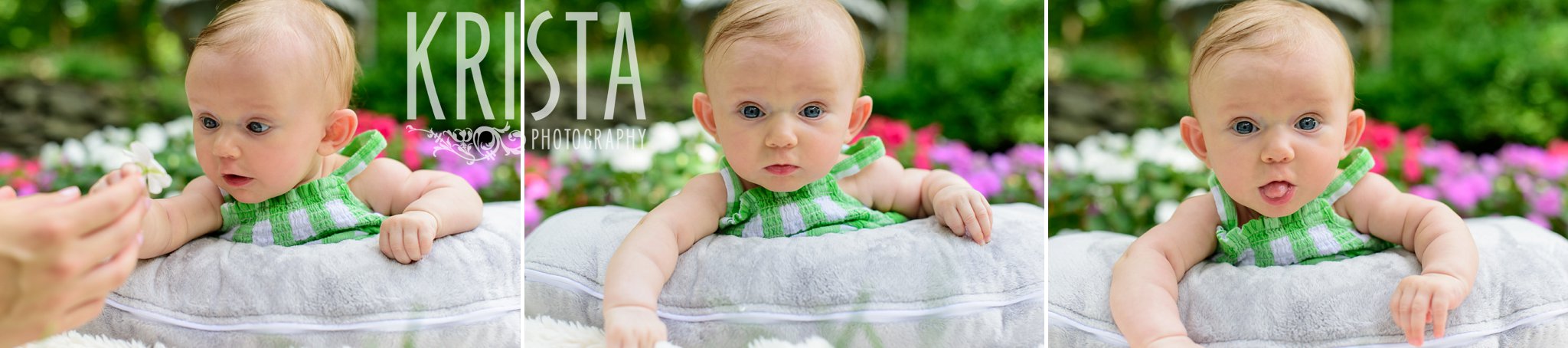 adorable three month old baby girl laying on belly on pillow in green gingham sundress outside in yard during lifestyle portrait session