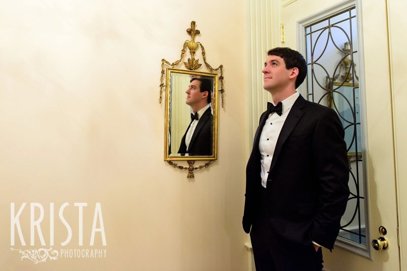 First Look, Groom waiting for his bride. Getting Ready and Bride & Groom portraits on Beacon Hill, ceremony at Harvard Memorial Church, and reception at the Harvard Art Museums. Photo by Krista Photography, Boston Wedding Photographers