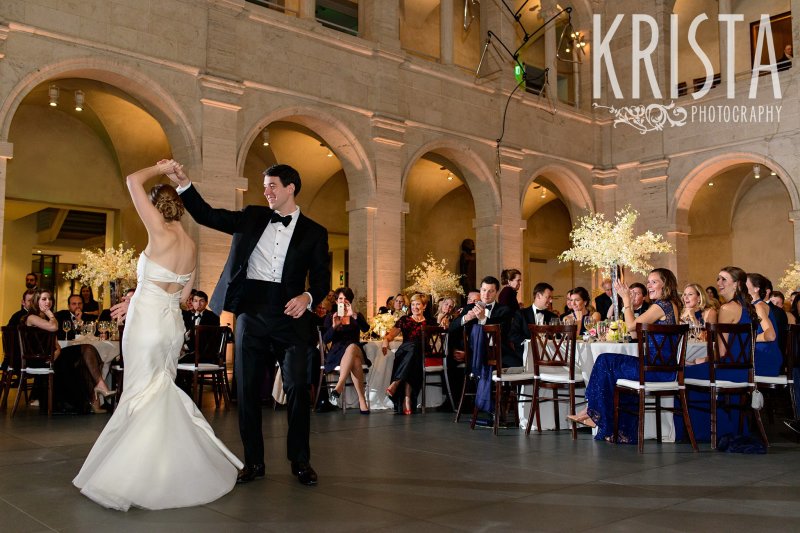 First Dance. Elegant Boston Wedding. Getting Ready and Bride & Groom portraits on Beacon Hill, ceremony at Harvard Memorial Church, and reception at the Harvard Art Museums. © Krista Photography, Boston Wedding Photographers
