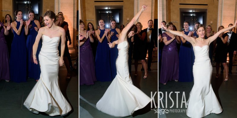 Bride dancing, having a blast at her reception. Elegant Boston Wedding. Getting Ready and Bride & Groom portraits on Beacon Hill, ceremony at Harvard Memorial Church, and reception at the Harvard Art Museums. © Krista Photography, Boston Wedding Photographers