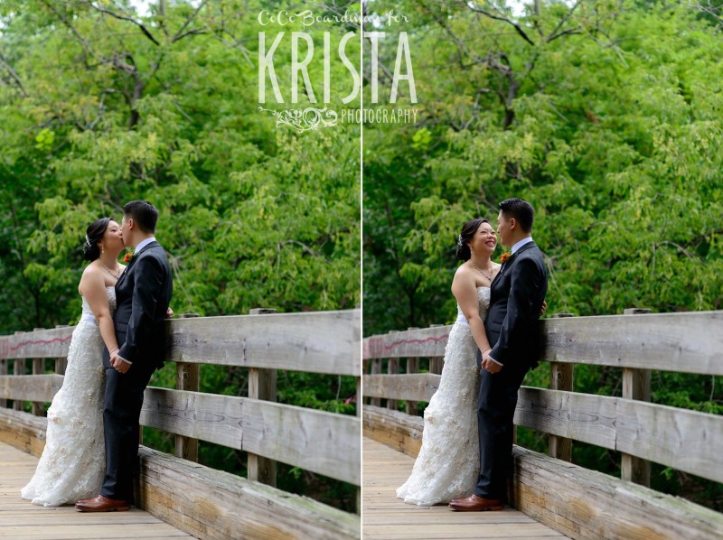 bride and groom being romantic on the bridge © Krista Photography