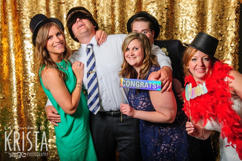 Photo Booth with gold sequined backdrop, Funky props, © Krista Photography, Boston Wedding Photographers