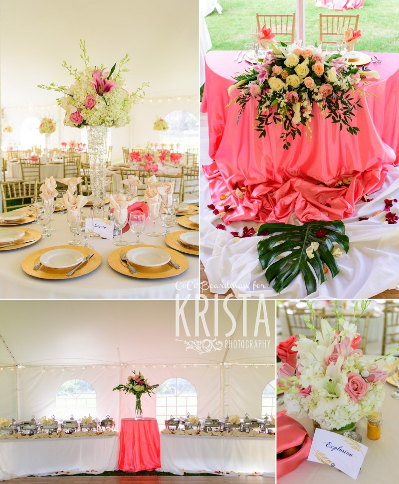 pops of pink, white, and gold on the tables © Krista Photography - www.kristaphoto.com