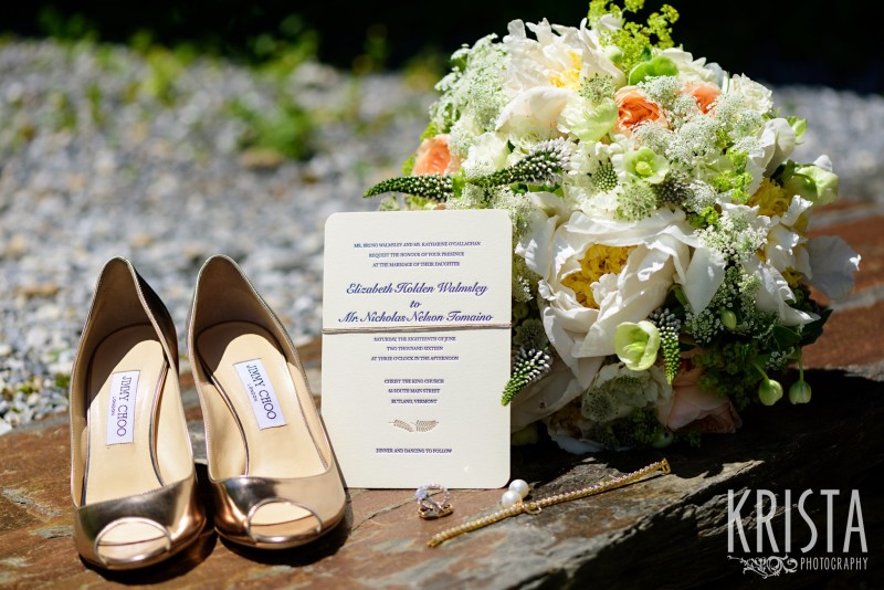 Gold metallic leather peep toe pumps by Jimmy Choo, Invitations & Flowers by Clare Frances Events. Mountain Top Inn Wedding - Vermont Wedding Photography by © Krista Photography - www.kristaphoto.com