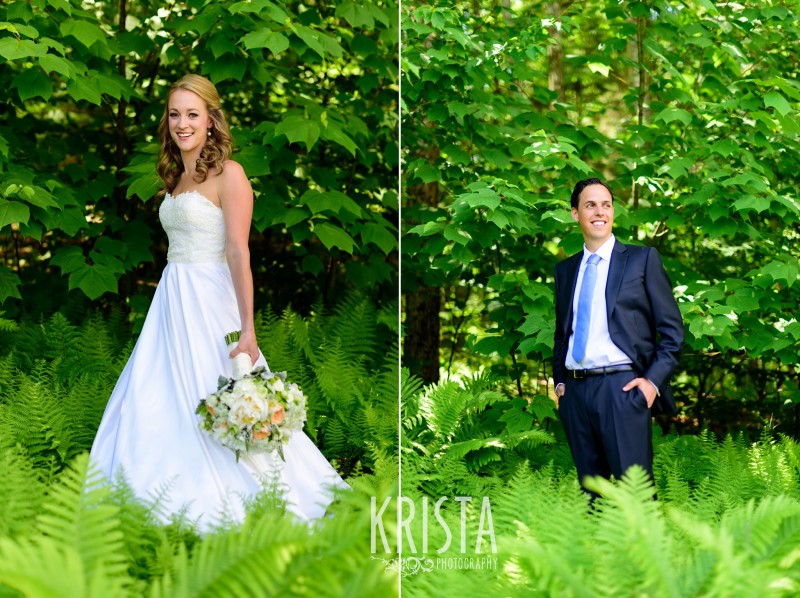 bride and groom in the woods Mountain Top Inn Wedding - Vermont Wedding Photography by © Krista Photography - www.kristaphoto.com