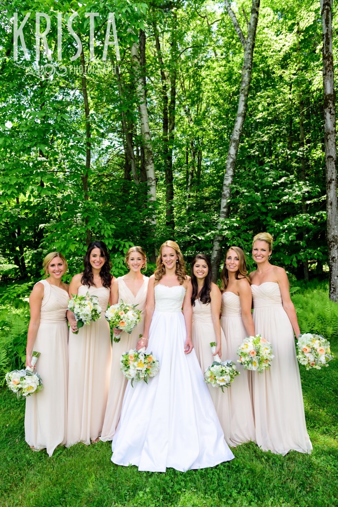 Bridesmaids in blush Monique Lhuillier dresses with soft florals by Clare Frances Events. Mountain Top Inn Wedding - Vermont Wedding Photography by © Krista Photography - www.kristaphoto.com