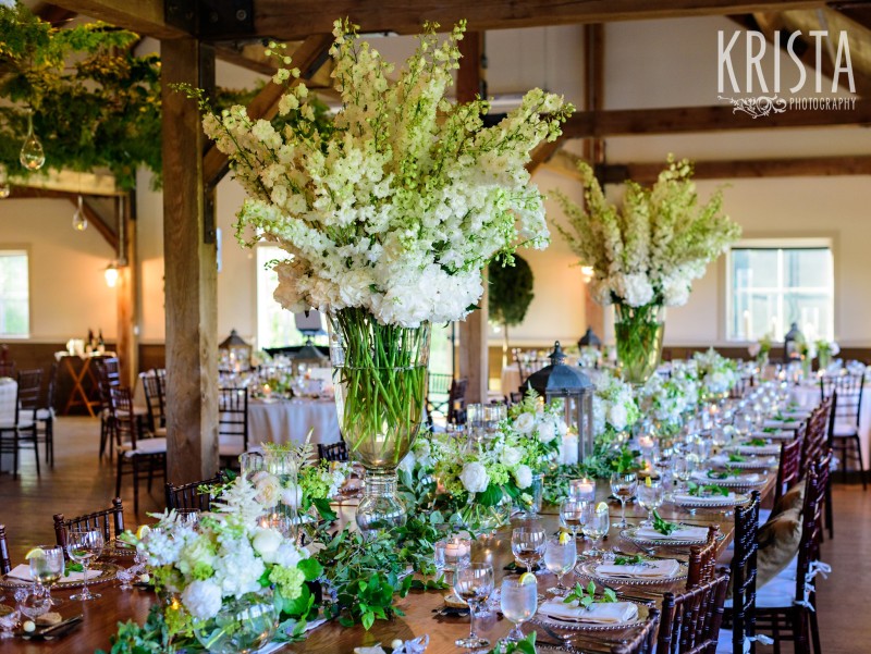 Beautiful tables, gorgeous flowers & lantern centerpieces by Clare Frances Events. Mountain Top Inn Wedding - Vermont Wedding Photography by © Krista Photography - www.kristaphoto.com