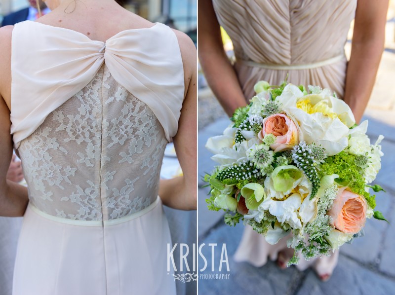 Awesome Monique Lhuillier Bridesmaids Dress in blush, with flowers by Clare Frances Events. Mountain Top Inn. Vermont Wedding Photographer. © Krista Photography - www.kristaphoto.com 