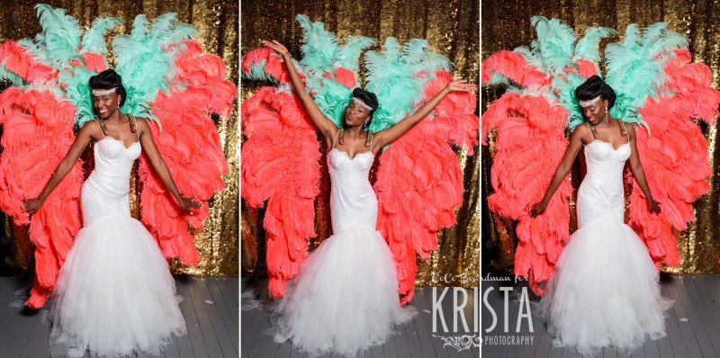 The bride in bright feathered props 